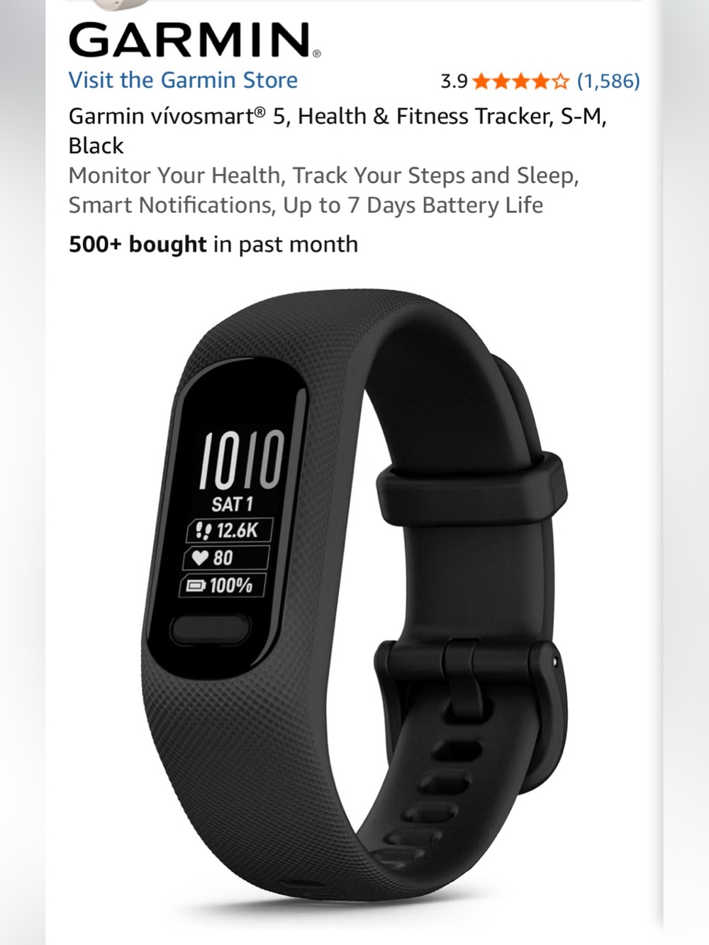 NEW - GARMIN Vivosmart 5 Fitness Tracker - Black - size S-M, NWT